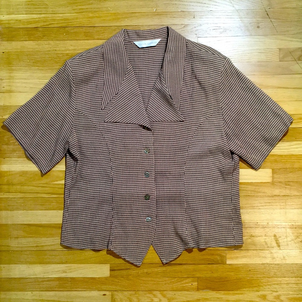 Retro tan and black checkered collared top/ blouse